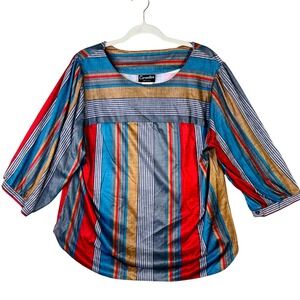Carmelton Vintage Striped 3/4 Sleeve Blouse Red Blue Gold XL Style 50292 USA